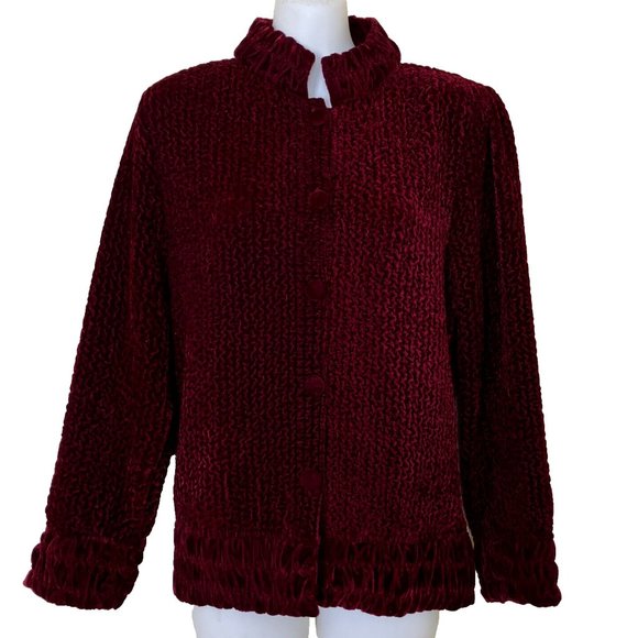 Burgundy Crushed Velvet Cardigan Jacket Ruched Texture Vintage Jeune Jeunesse - Picture 6 of 8